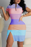 Vestido de manga curta casual moda multicolorido estampa patchwork fenda com zíper