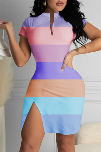 Multicolor Fashion Casual Patchwork Print Schlitz Reißverschluss Kragen Kurzarm Kleid