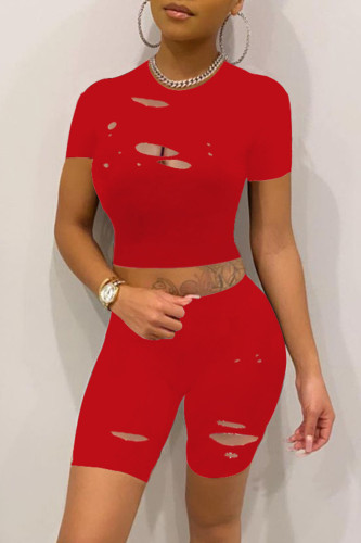 Red Fashion Casual Solid Ripped O Neck Short Sleeve Two Pieces