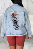 Blue Casual Solid Ripped Turndown Collar Long Sleeve Regular Distressed Ripped Denim Jacket