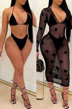 Conjunto de tres piezas de trajes de baño transparentes de punto sexy de moda negra