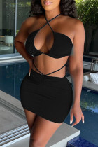 Zwarte mode Sexy effen uitgeholde rugloze riem ontwerp Halter mouwloos twee stukken