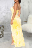 黄色のセクシーなプリント パッチワーク スパゲッティ ストラップ イレギュラー ドレス ドレス