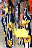 Желтое модное повседневное базовое платье с U-образным вырезом и принтом