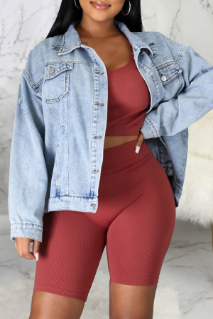 Blue Casual Solid Ripped Turndown Collar Long Sleeve Regular Distressed Ripped Denim Jacket