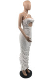 White Fashion Sexy Solid Hollowed Out Backless Fold Halter Sleeveless Dress