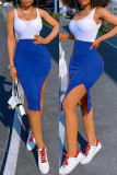 Синее сексуальное повседневное однотонное лоскутное платье-жилет с открытой спиной и разрезом U-образным вырезом