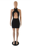 Black Fashion Sexy Solid Hollowed Out Backless Halter Sleeveless Dress