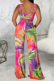 Rechte jumpsuits met veelkleurige sexy print en patchwork spaghettibandjes
