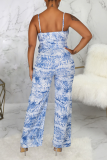 Blå sexigt tryck Patchwork Spaghetti Strap Straight Jumpsuits