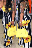 Желтое модное повседневное базовое платье с U-образным вырезом и принтом