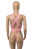 Pink Sexy Solid Bandage V Neck Tops