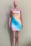 Multicolor Fashion Sexy Print Tie Dye Backless Spaghetti Strap Sleeveless Dress