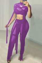 Mode violet Sexy solide Patchwork transparent col roulé manches courtes deux pièces