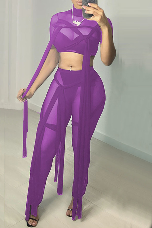 Фиолетовая модная сексуальная однотонная лоскутная прозрачная водолазка с коротким рукавом из двух частей