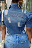 Mellanblå Mode Casual Ripped Turndown-krage Långärmad vanlig jeansjacka