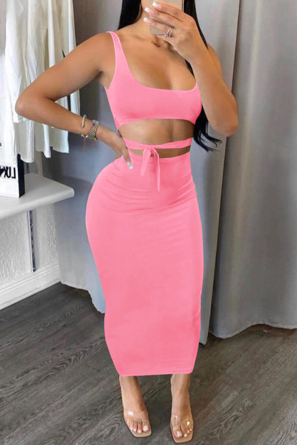 Pink Fashion Sexy Solid Backless Strap Design U-Ausschnitt ärmellos zweiteilig