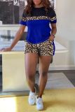 Grey Casual Leopard Patchwork O Neck Short Sleeve Two Pieces