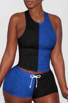 Синий Черный Повседневная спортивная одежда Пэчворк Классический О-образный вырез Без рукавов Из двух частей