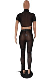 Black Fashion Sexy Solid Patchwork See-through Turtleneck Short Sleeve Two Pieces