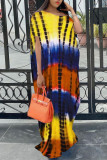 Orange Fashion Casual Tie Dye Printing Oblique Collar Short Sleeve Dress
