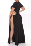 Schwarze Mode Sexy Plus Size Solide Ausgehöhltes O-Ausschnitt Kurzarm Kleid mit Schlitz