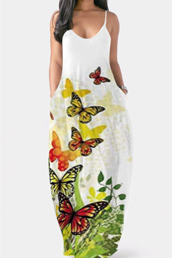 Grön Sexig Casual Butterfly Print Backless Spaghetti Strap Ärmlös klänning