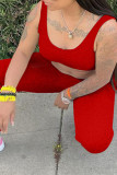 Красная повседневная спортивная одежда Твердые жилеты Брюки U-образный вырез Без рукавов Две части