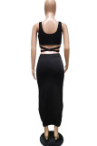 Black Fashion Sexy Solid Backless Strap Design U Neck Sleeveless Two Pieces