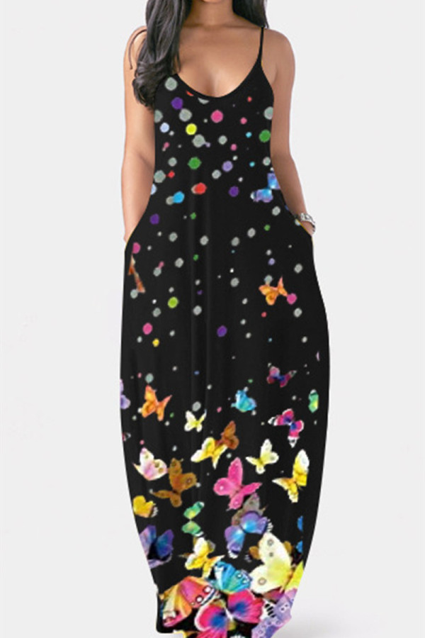 Zwarte sexy casual vlinderprint backless spaghetti band mouwloze jurk