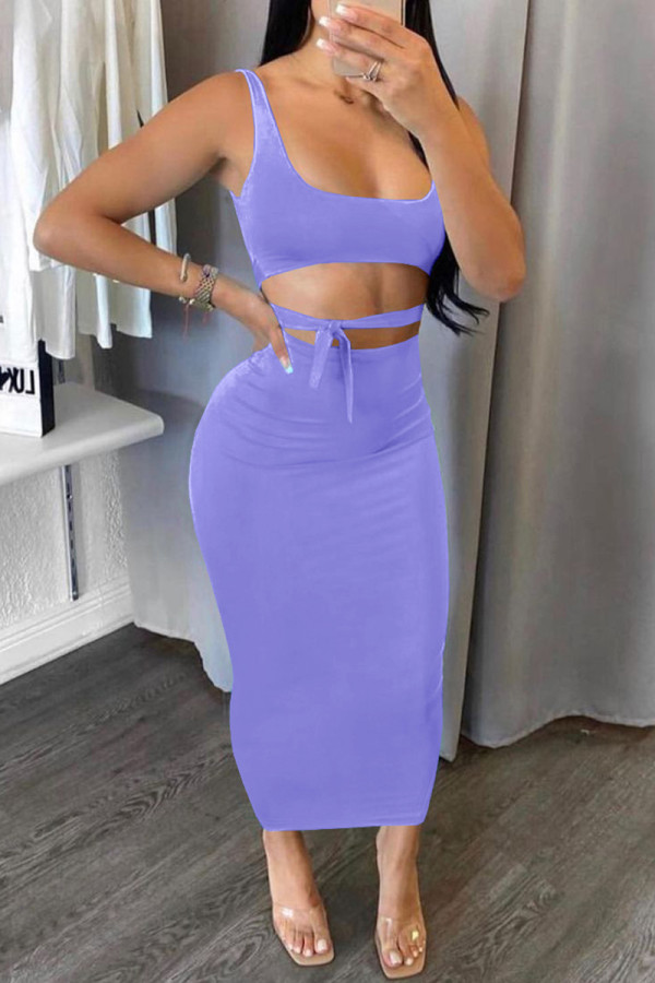 Фиолетовый модный сексуальный однотонный ремешок без спинки с U-образным вырезом без рукавов из двух частей