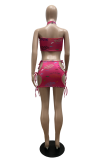 Rose Red Sexy Print Patchwork Halter Sleeveless Two Pieces