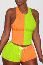 Orange Vert Casual Sportswear Patchwork Basic O Neck Sans Manches Deux Pièces