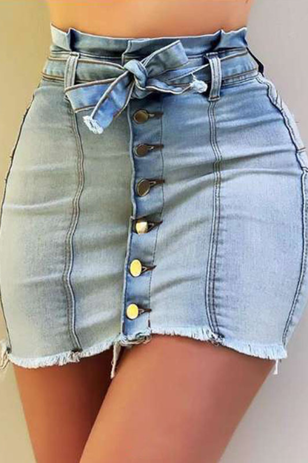 Azul claro sexy patchwork bandagem cintura média saias jeans skinny