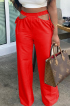 Красные повседневные однотонные ажурные широкие брюки в стиле пэчворк с завязками на завязках