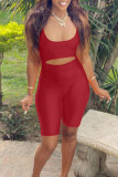 Burgundy Sexy Casual Solid Hollowed Out U Neck Skinny Romper