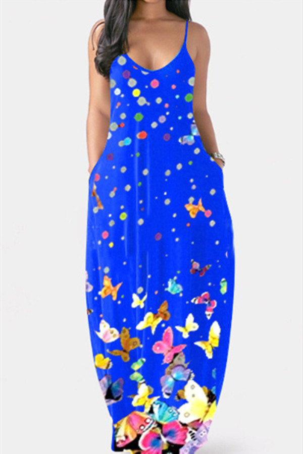 Blaues, sexy, lässiges, rückenfreies, ärmelloses Kleid mit Spaghettiträgern und Schmetterlingsdruck