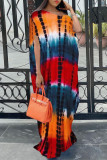 Orange Fashion Casual Tie Dye Printing Schrägkragen Kurzarm Kleid