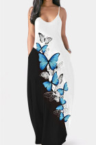 Black White Sexy Casual Butterfly Print Backless Spaghetti Strap Sleeveless Dress