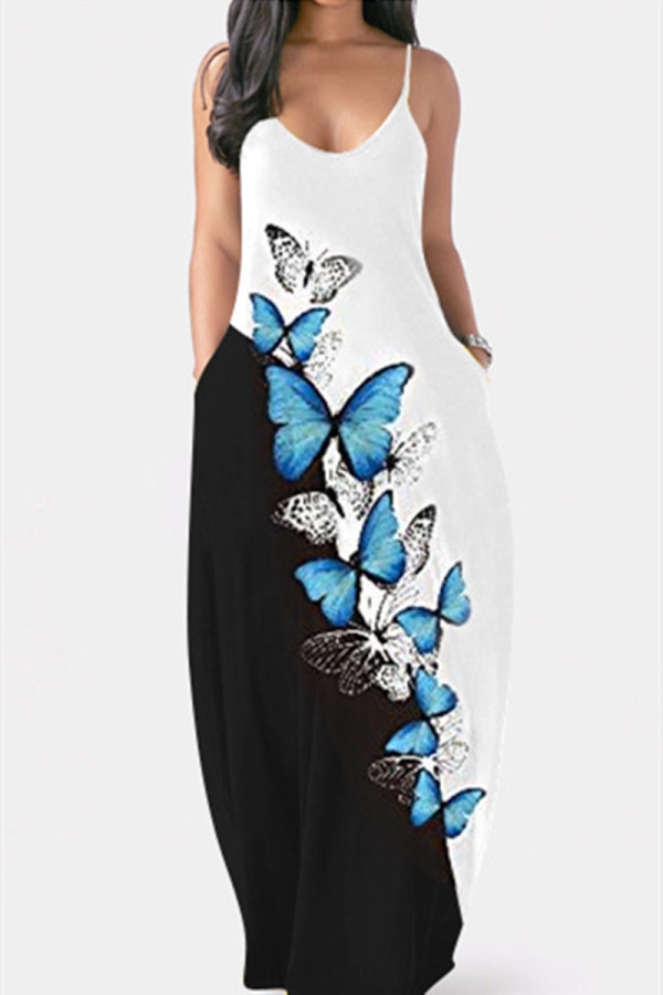 Svart Vit Sexig Casual Butterfly Print Backless Spaghetti Strap Ärmlös klänning