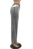 Pantalones de retazos de pierna ancha con corte de bota con cordones ahuecados lisos informales grises