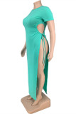 Himmelblau Mode Sexy Plus Size Solide Ausgehöhltes Kleid mit O-Ausschnitt und kurzen Ärmeln