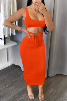 Tangerine Red Fashion Sexy Solid Backless Strap Design U-hals Mouwloos Two Pieces