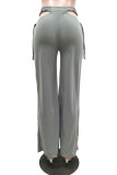 Grey Casual Solid Hollowed Out Draw String Boot Cut Wide Leg Patchwork Bottoms