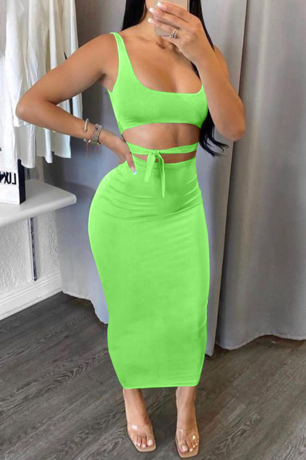 Verde moda sexy com alça sem costas sólida design decote em U sem mangas duas peças