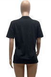 ブラックファッションカジュアルプリントベーシックOネックTシャツ