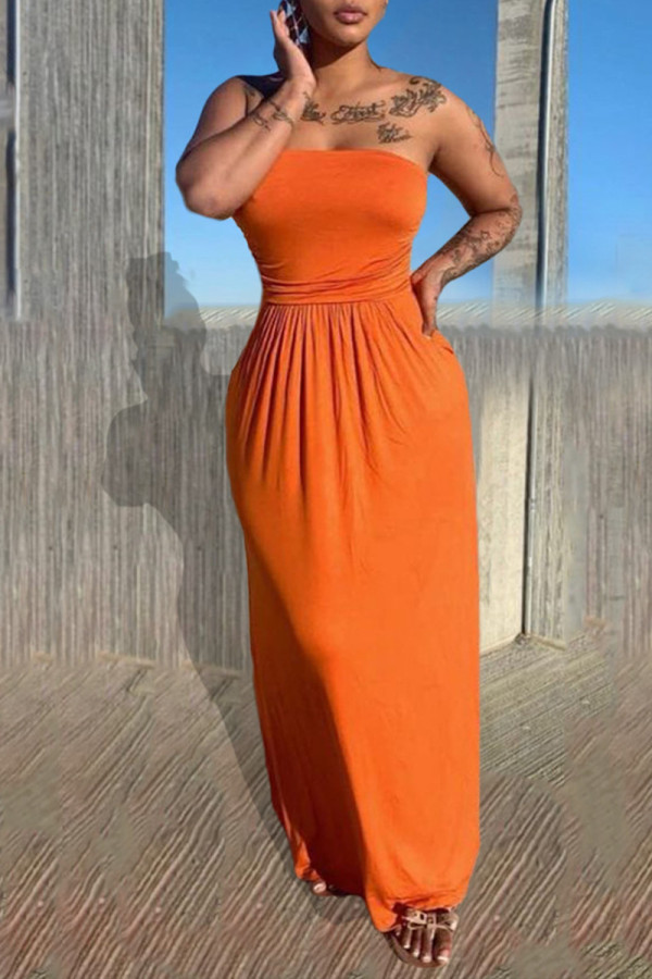 Oranje sexy casual effen rugloze strapless mouwloze jurk