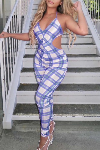 Light Blue Fashion Sexy Plaid Print Backless Strap Design V Neck Skinny Jumpsuits