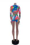 Multicolore Fashion Casual Print Tie Dye Strap Design V Neck Long Sleeve Two Pieces