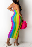 Vestido colorido moda sexy estampa vazada sem costas sem mangas alça de espaguete